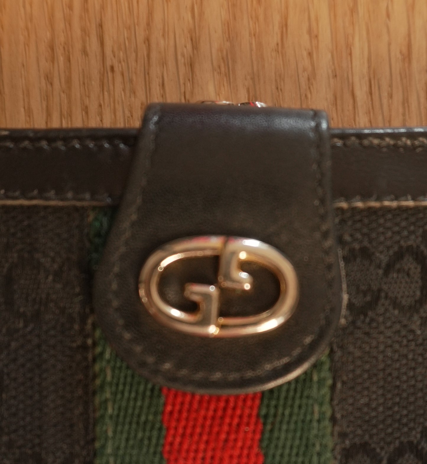 Vintage Gucci GG Canvas Wallet Black Leather Web Stripe Silver Logo Monogram