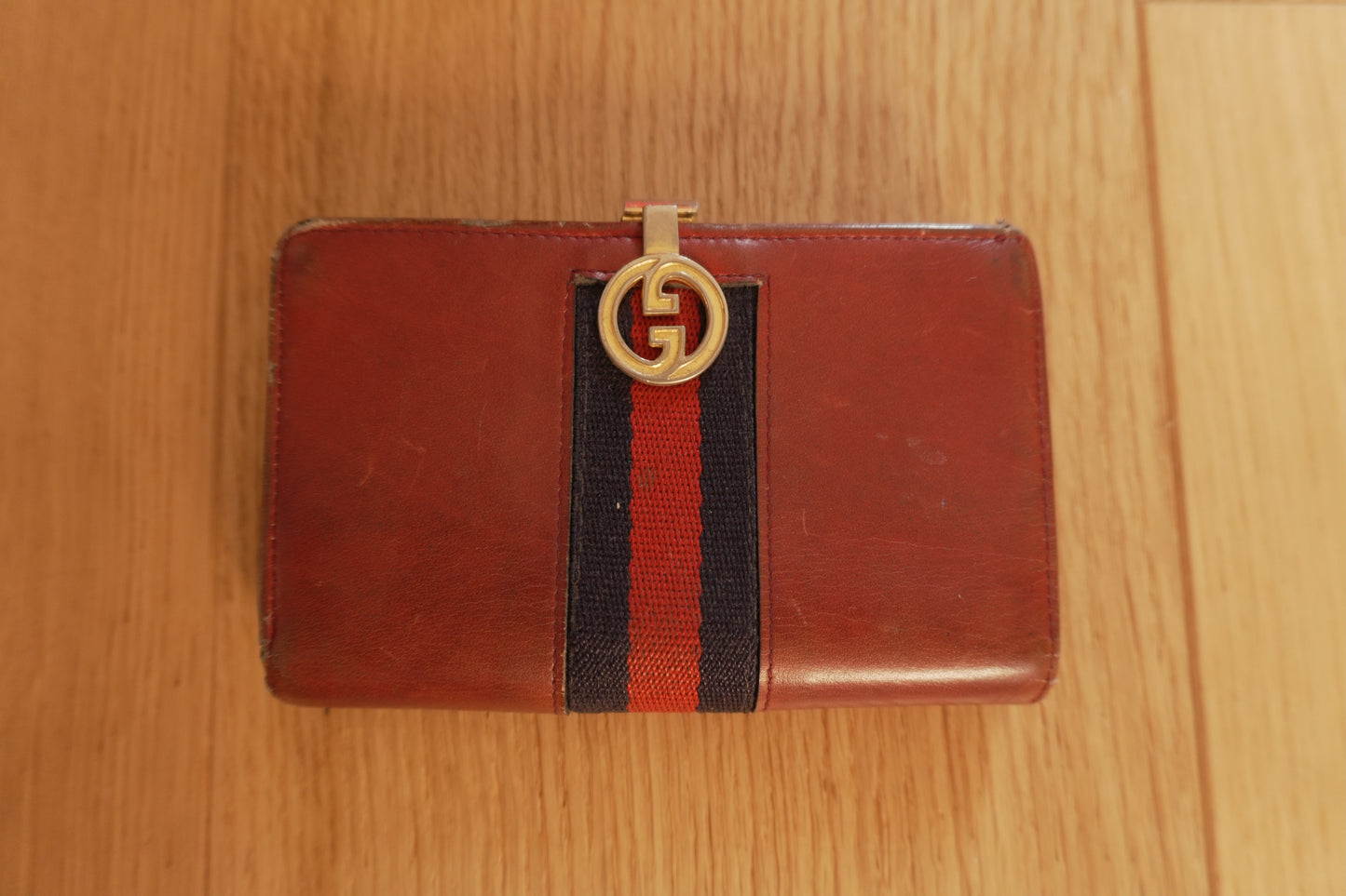 Vintage Gucci Red Leather Ophidia Wallet Gold GG Clasp Web Strip Women's