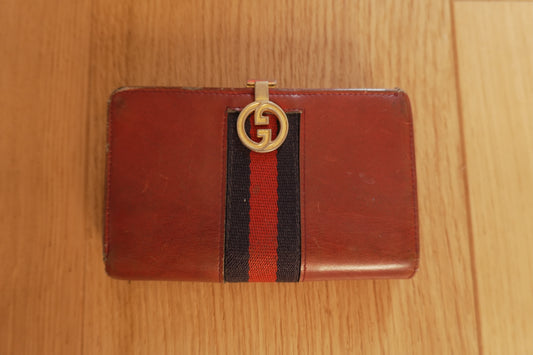 Vintage Gucci Red Leather Ophidia Wallet Gold GG Clasp Web Strip Women's