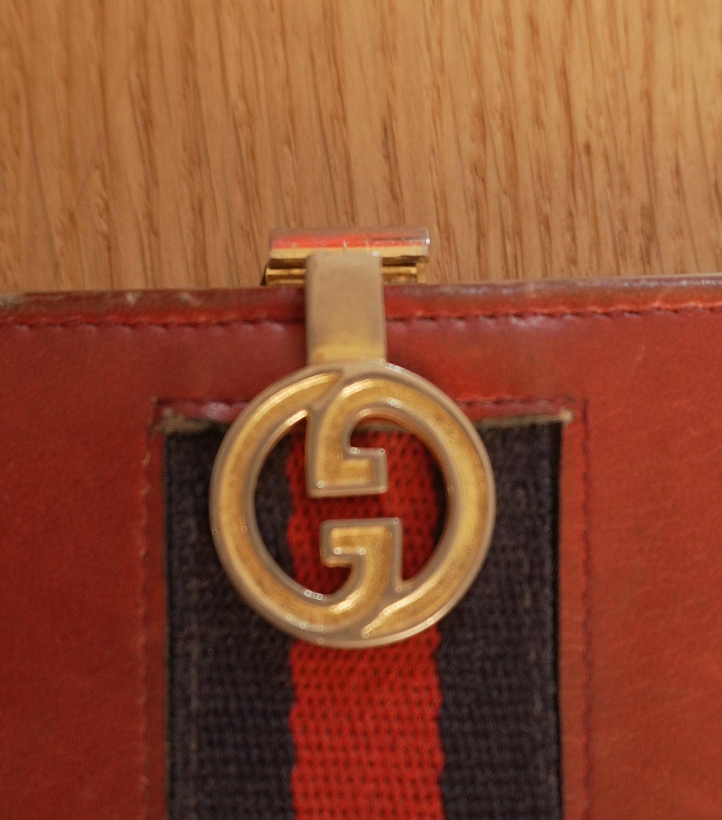 Vintage Gucci Red Leather Ophidia Wallet Gold GG Clasp Web Strip Women's