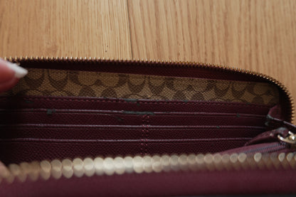Coach Wallet Burgundy Leather Zip Around Long Purse Gold Hardware Women