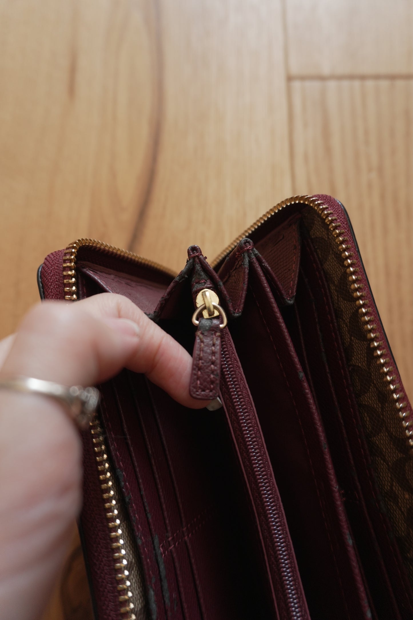 Coach Wallet Burgundy Leather Zip Around Long Purse Gold Hardware Women