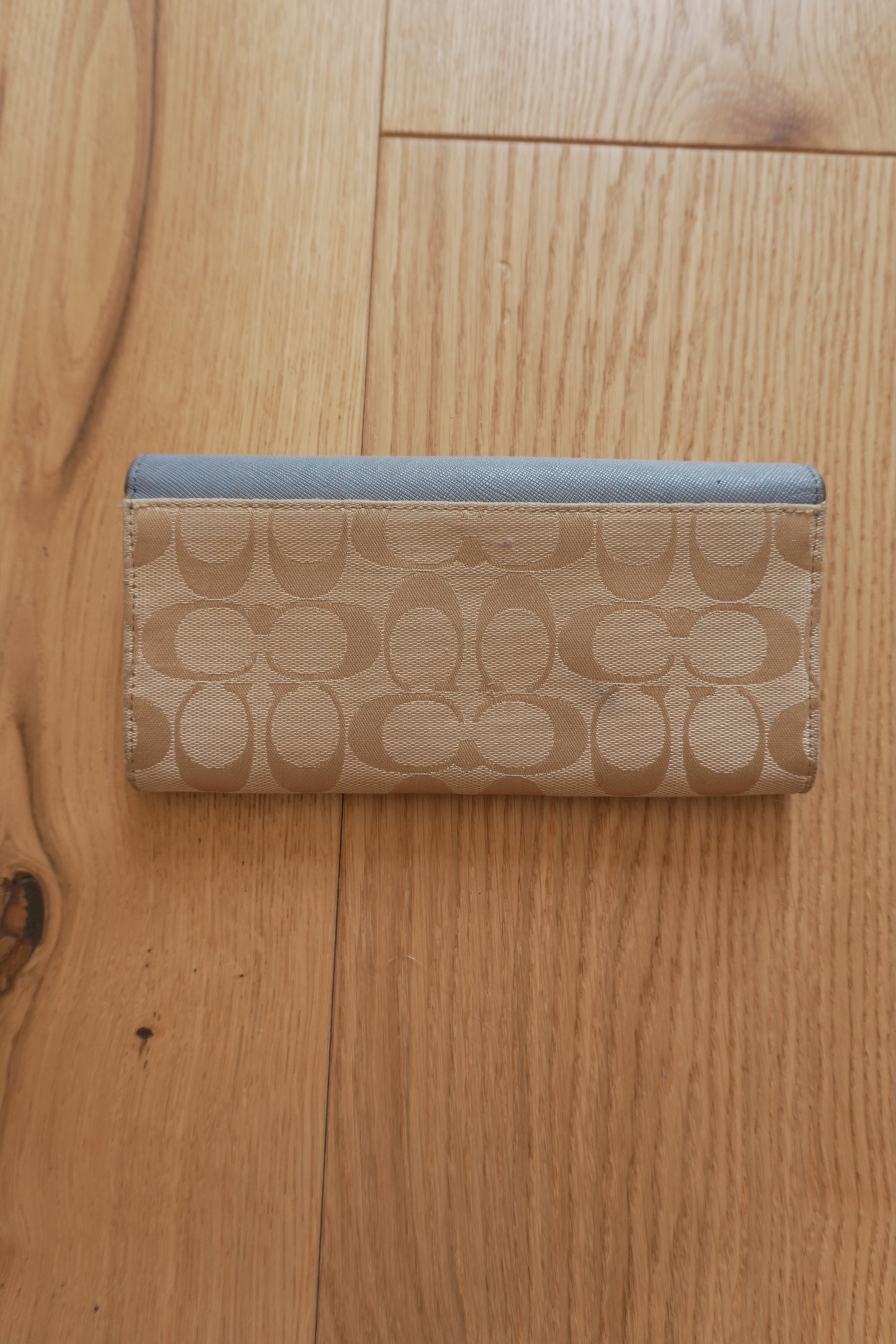 Vintage Coach Wallet Light Blue Beige Monogram Canvas Leather Long Flap Purse