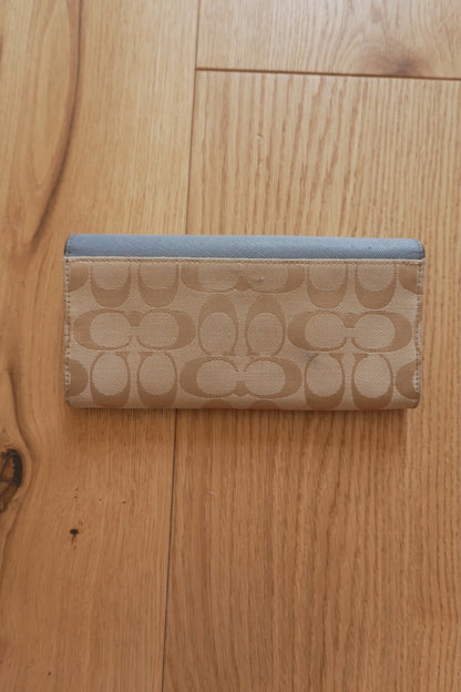 Vintage Coach Wallet Light Blue Beige Monogram Canvas Leather Long Flap Purse