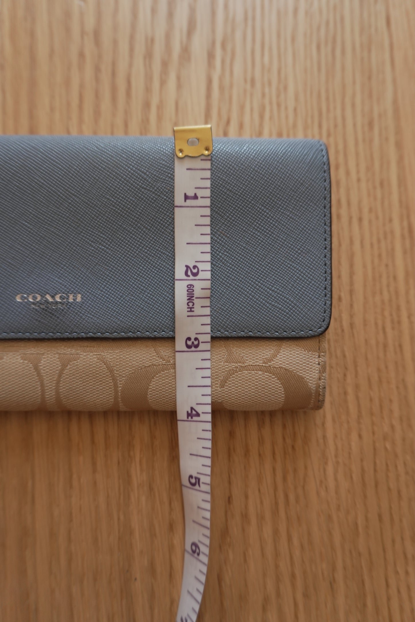 Vintage Coach Wallet Light Blue Beige Monogram Canvas Leather Long Flap Purse