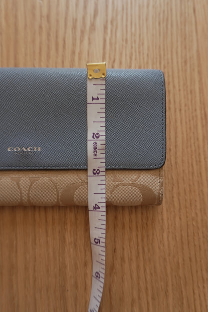 Vintage Coach Wallet Light Blue Beige Monogram Canvas Leather Long Flap Purse