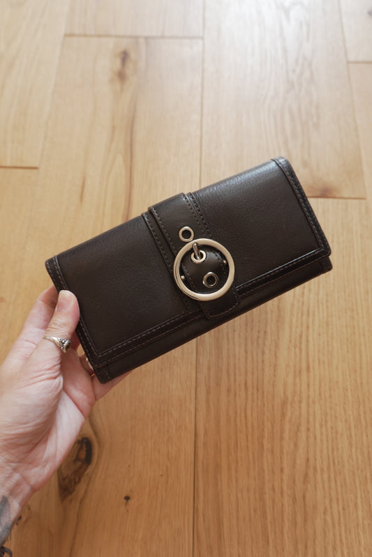 Coach Vintage Wallet Y2K Black Leather Flap Purse Silver Buckle Coin Pocket 2000