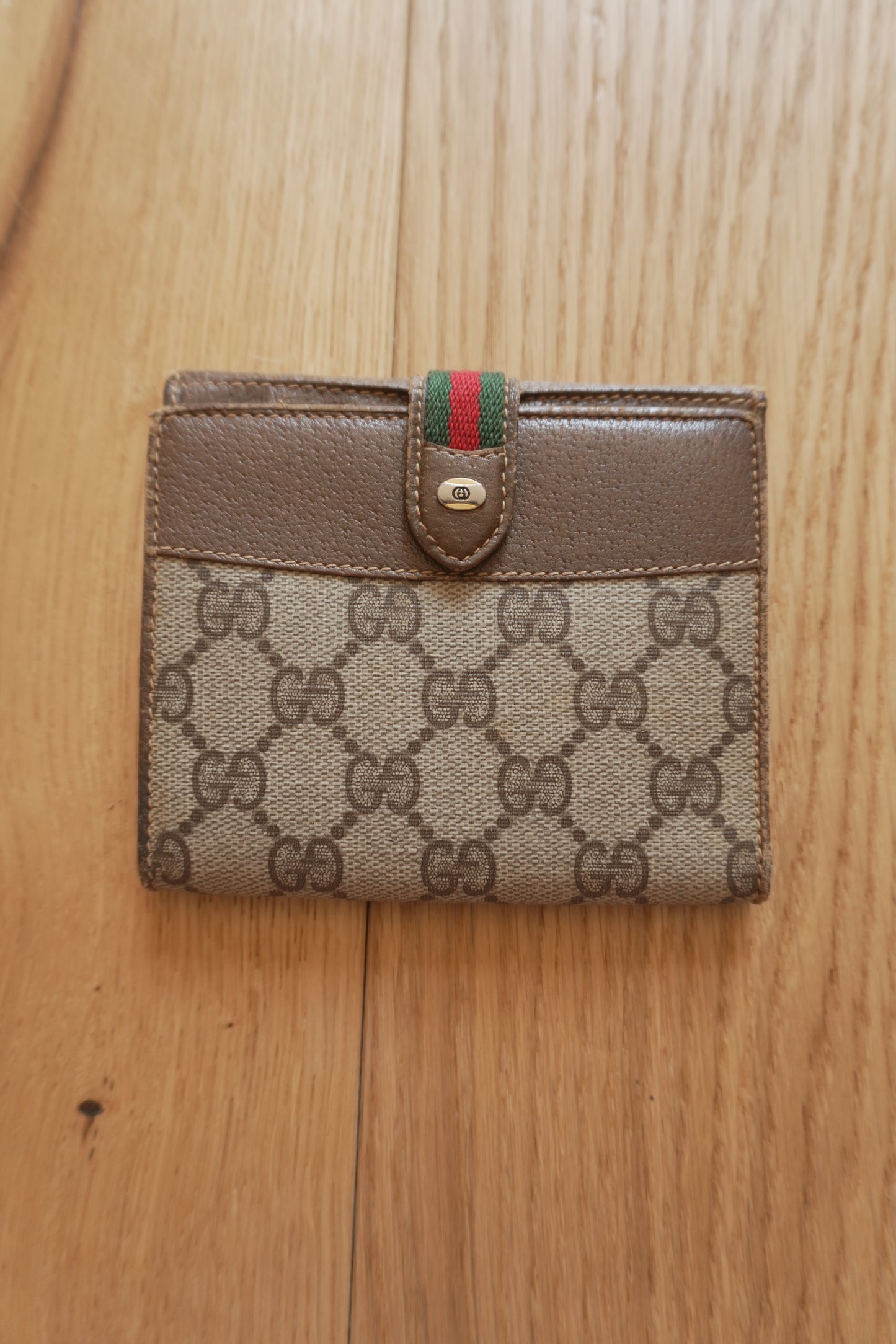 Vintage Gucci GG Wallet Brown Leather Sherry Web Stripe Bifold Men’s Gold Logo