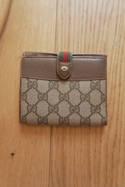 Vintage Gucci GG Wallet Brown Leather Sherry Web Stripe Bifold Men’s Gold Logo