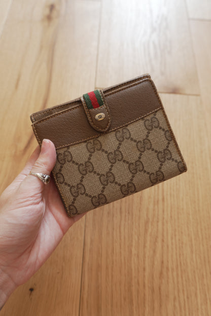 Vintage Gucci GG Wallet Brown Leather Sherry Web Stripe Bifold Men’s Gold Logo