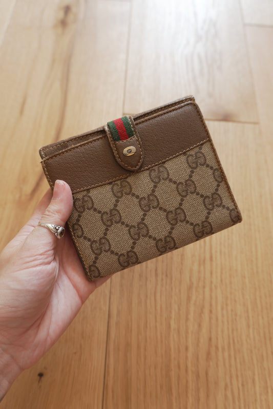 Vintage Gucci GG Wallet Brown Leather Sherry Web Stripe Bifold Men’s Gold Logo