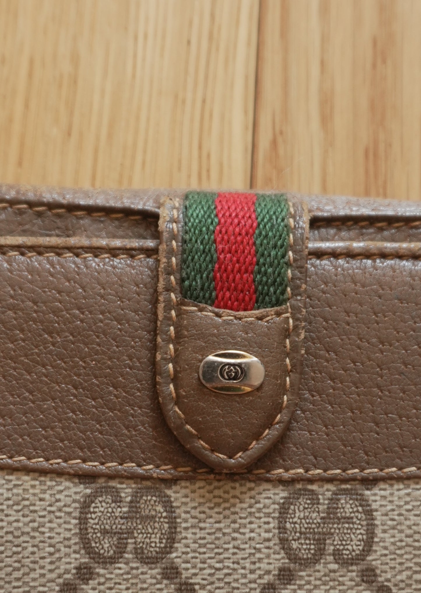 Vintage Gucci GG Wallet Brown Leather Sherry Web Stripe Bifold Men’s Gold Logo