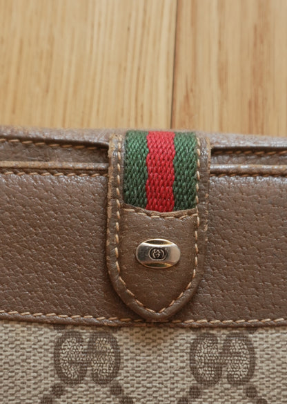 Vintage Gucci GG Wallet Brown Leather Sherry Web Stripe Bifold Men’s Gold Logo