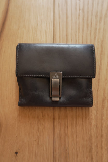 Gucci Vintage Wallet Black Leather Silver Clasp Bifold Stud Fastening Men's