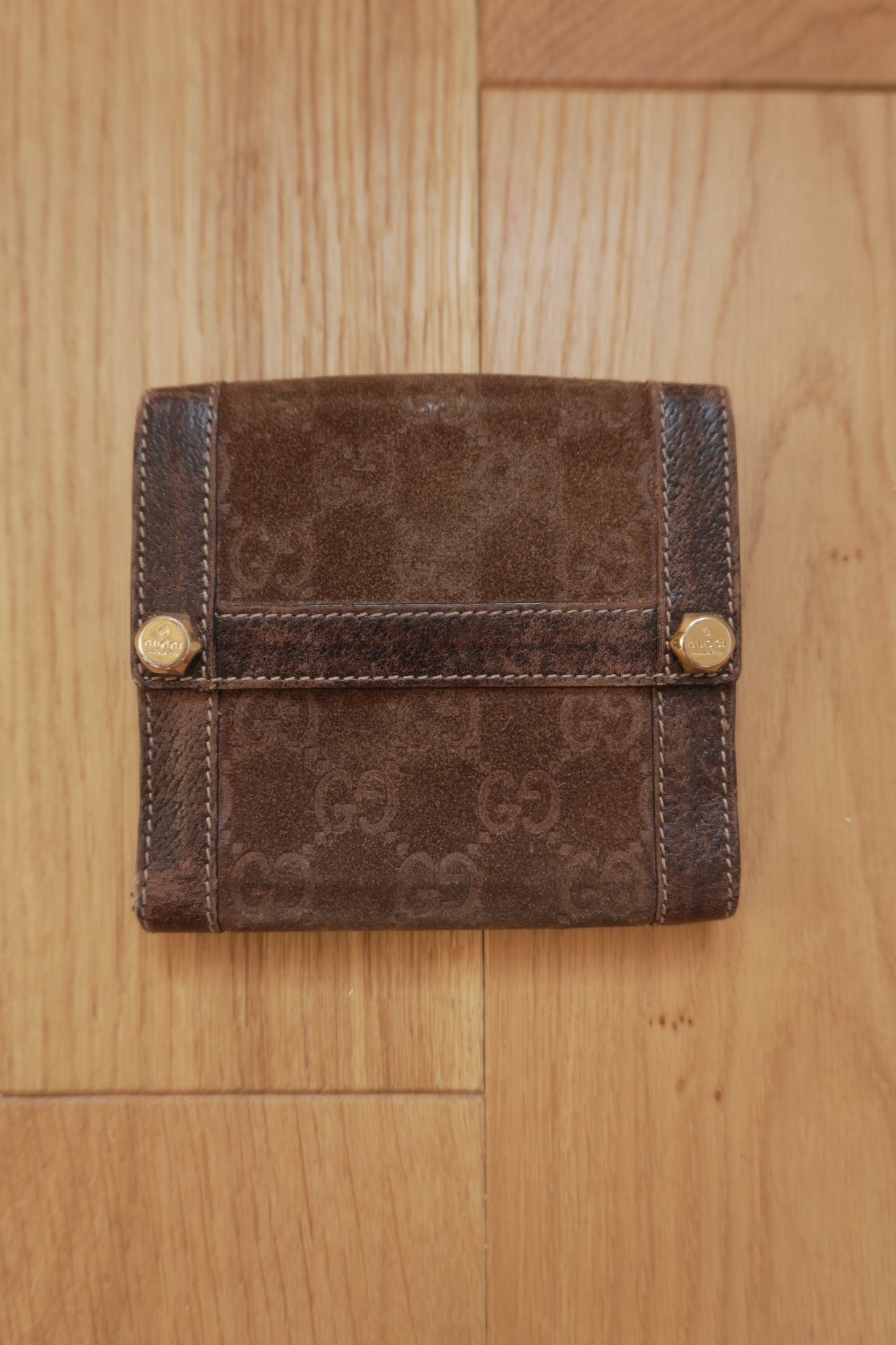 Gucci Vintage Wallet Brown Suede Leather GG Monogram Studded Bifold Unisex