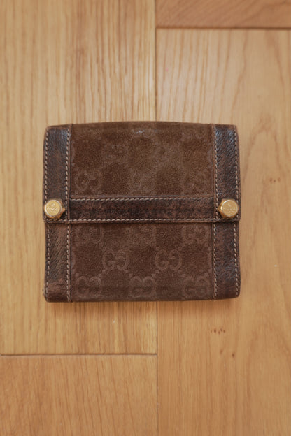 Gucci Vintage Wallet Brown Suede Leather GG Monogram Studded Bifold Unisex