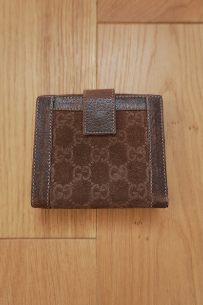 Gucci Vintage Wallet Brown Suede Leather GG Monogram Studded Bifold Unisex