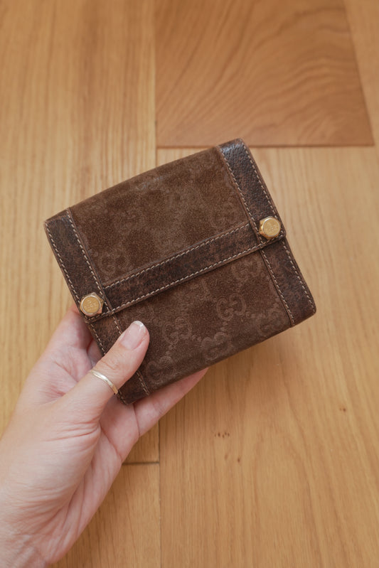 Gucci Vintage Wallet Brown Suede Leather GG Monogram Studded Bifold Unisex