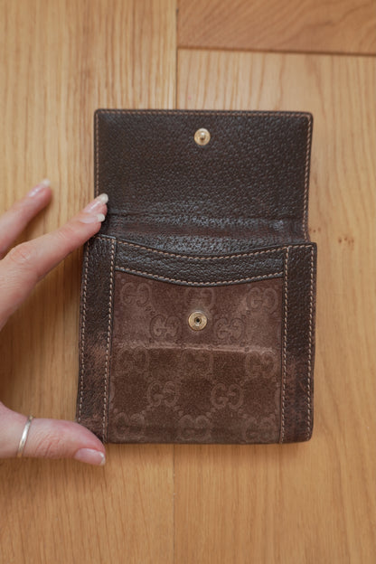 Gucci Vintage Wallet Brown Suede Leather GG Monogram Studded Bifold Unisex
