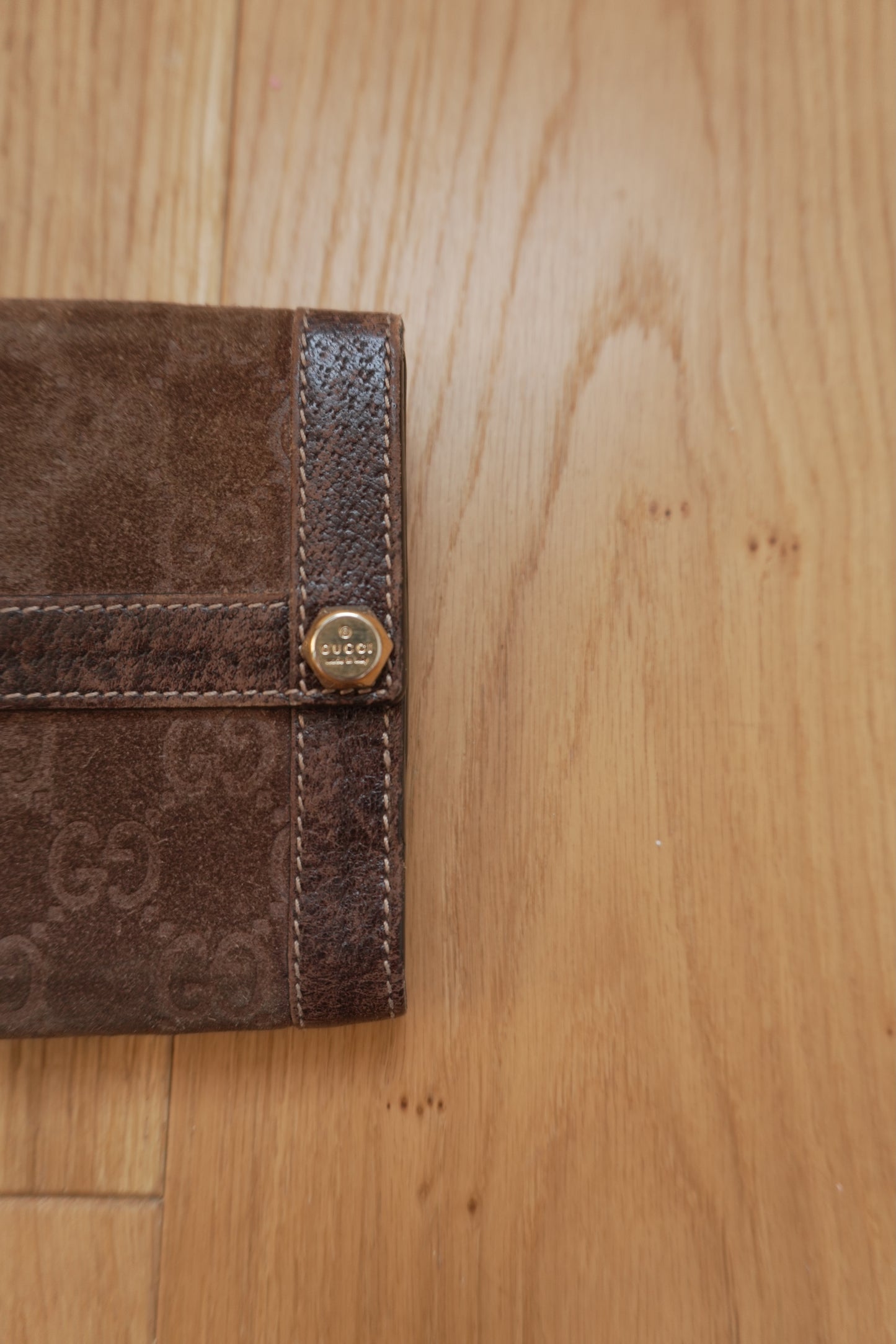 Gucci Vintage Wallet Brown Suede Leather GG Monogram Studded Bifold Unisex