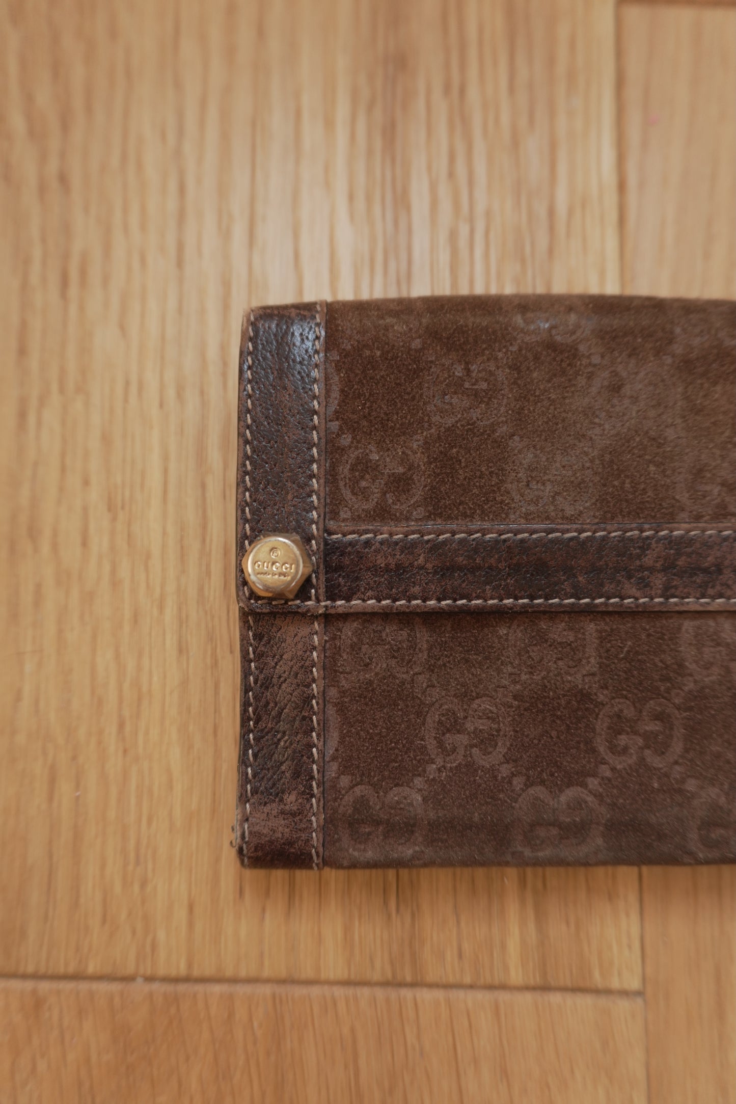 Gucci Vintage Wallet Brown Suede Leather GG Monogram Studded Bifold Unisex