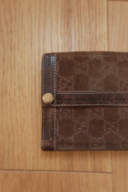 Gucci Vintage Wallet Brown Suede Leather GG Monogram Studded Bifold Unisex